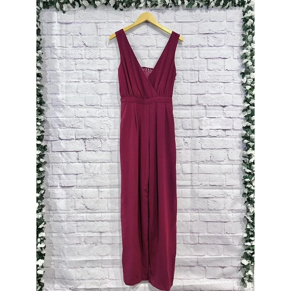 Lulu’s Women's Burgundy Kiska Lace Back Wide Leg Jumpsuit side Pockets Medium - Picture 3 of 16